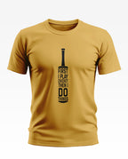Yellow men's t-shirt with cricket bat graphic and 'First I play cricket then I do things' text