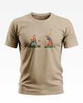 Beige men's T-shirt with colorful cricket player graphic print, casual streetwear style.