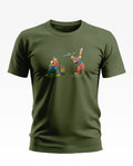 Olive green men's t-shirt with colorful cricket players graphic on the front