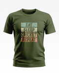 Olive green men's t-shirt with 'Eat Sleep Cricket Repeat' graphic text print on front.