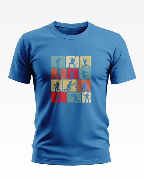 Blue men's t-shirt featuring multicolor soldier silhouette graphic in grid pattern