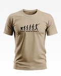 Beige men's t-shirt with cricket evolution graphic and 'CRICKET - THE WAIT WAS WORTH IT' text