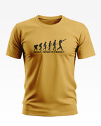 Yellow men's t-shirt with cricket evolution graphic and 'Cricket - The wait was worth it' text