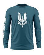 Blue full sleeve men's t-shirt with sword and wings graphic and 'Who Dares Wins' text
