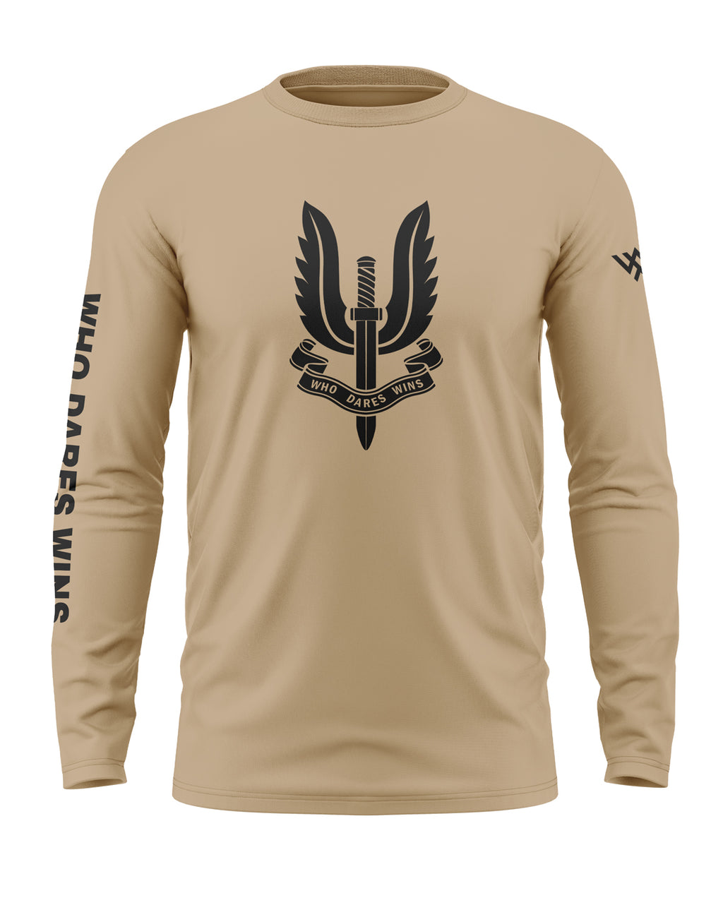 Beige full sleeve t-shirt with military sword and wings logo, 'Who Dares Wins' text, men's fashion