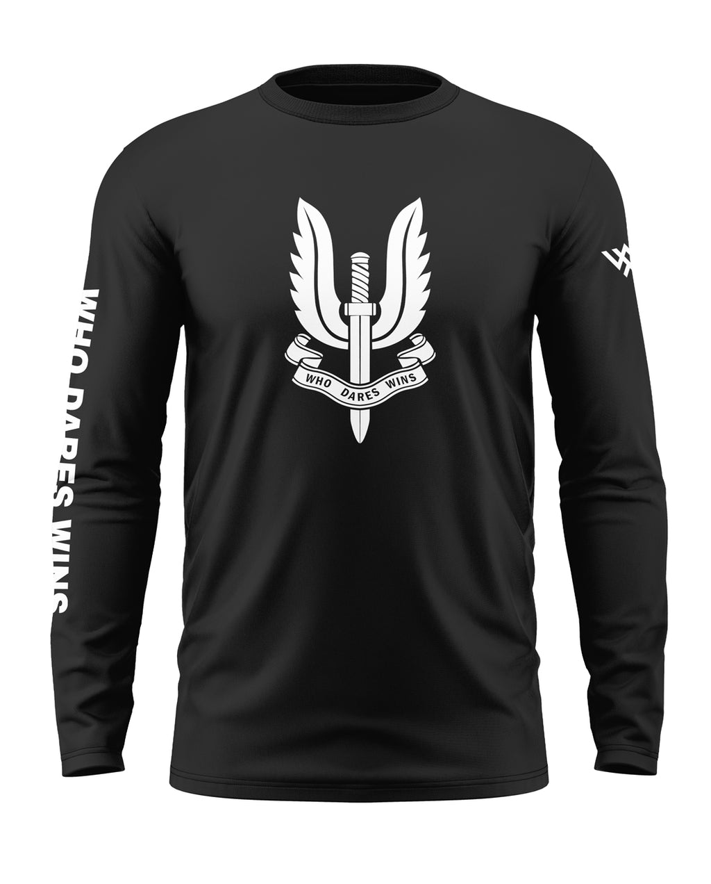 Black full sleeve men's t-shirt with white army insignia and 'Who Dares Wins' text