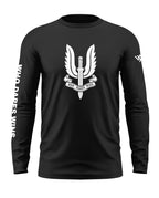 Black full sleeve men's t-shirt with white army insignia and 'Who Dares Wins' text