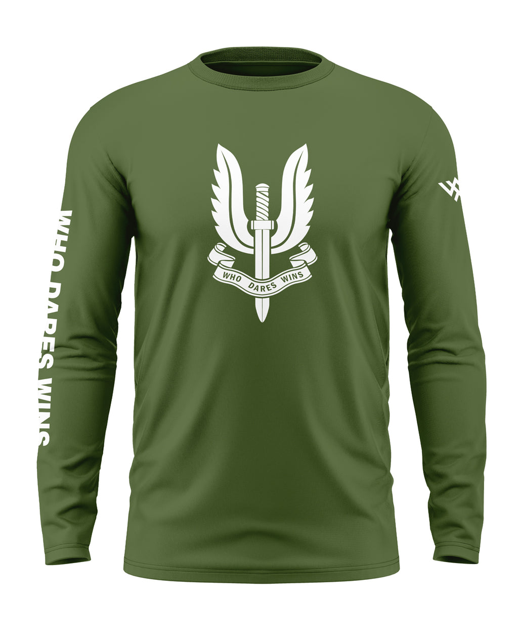 Army green men's full sleeve t-shirt with white SAS winged dagger logo and 'Who Dares Wins' text.