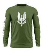 Army green men's full sleeve t-shirt with white SAS winged dagger logo and 'Who Dares Wins' text.