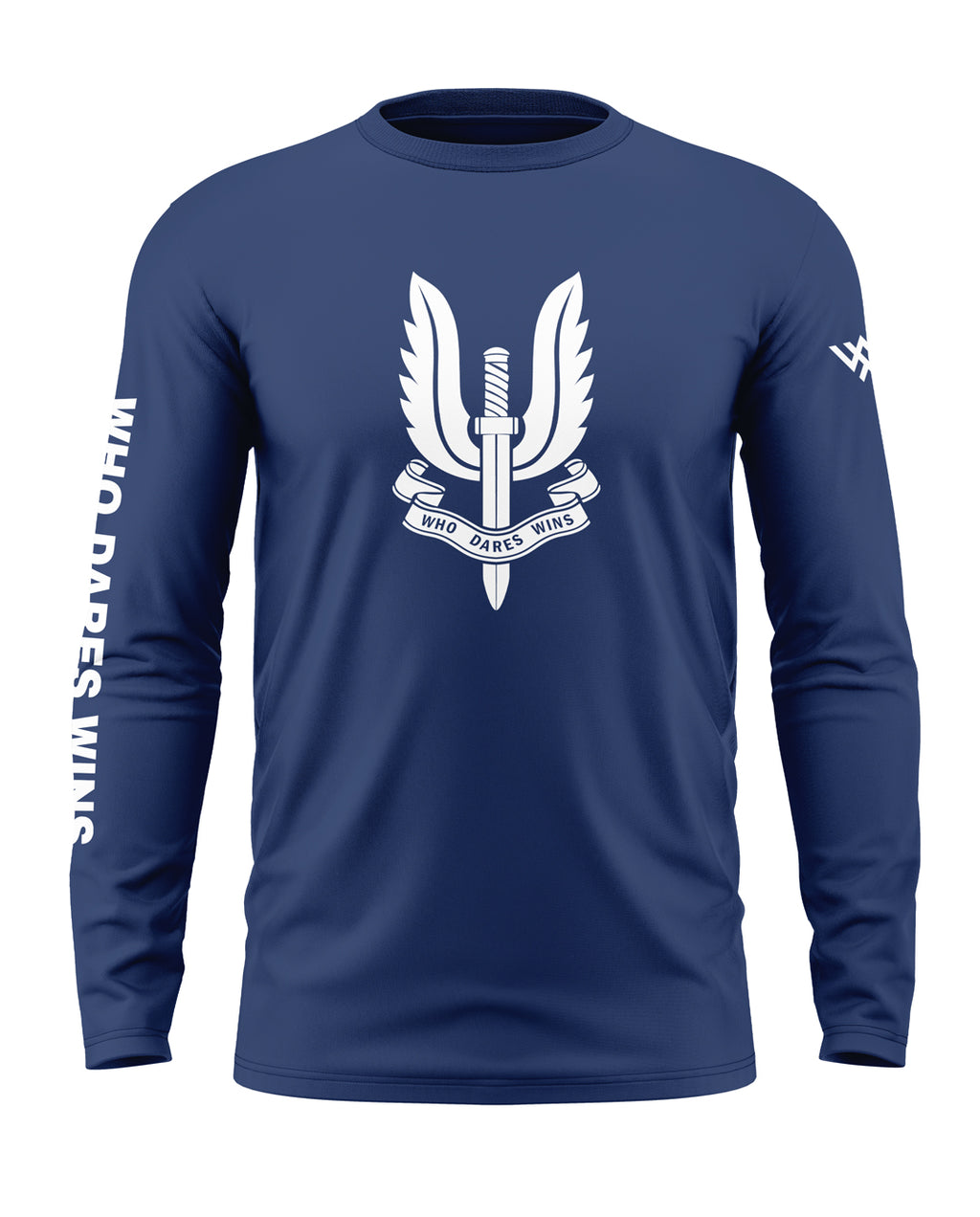 Navy blue men's full sleeve t-shirt with military-inspired sword and wings graphic, 'Who Dares Wins' text on front and sleeve.