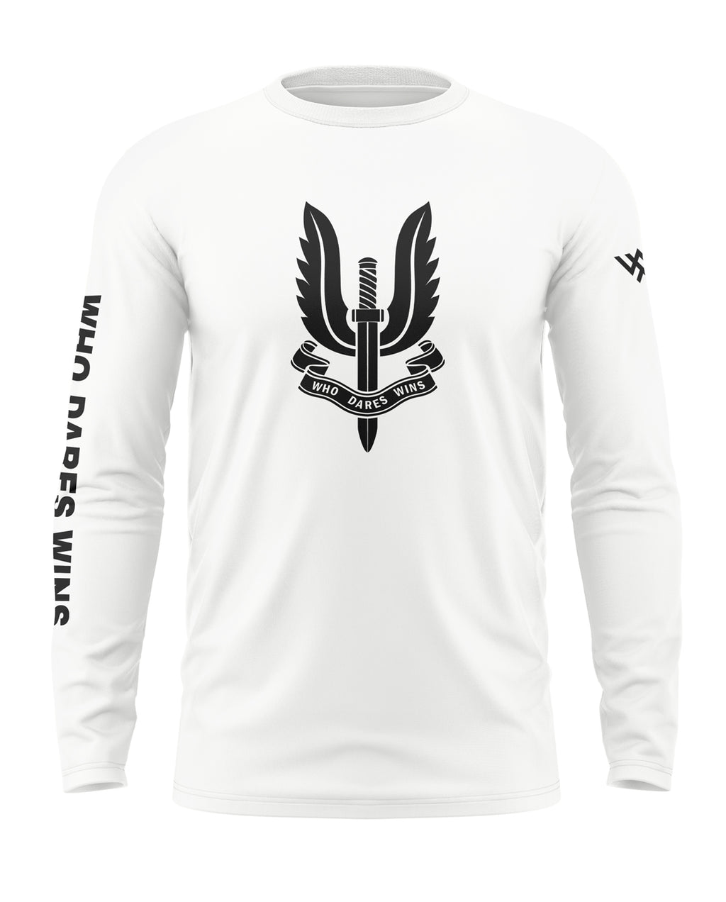 White long sleeve t-shirt with black dagger and wings emblem, text 'Who Dares Wins' on front and sleeve.