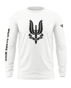 White long sleeve t-shirt with black dagger and wings emblem, text 'Who Dares Wins' on front and sleeve.