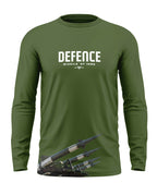 Olive green full sleeve men's t-shirt with Defence Missile of India print and missile graphic