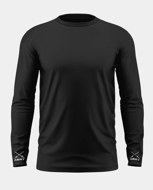Black full sleeve men's t-shirt with army print on cuffs, crew neck, plain design
