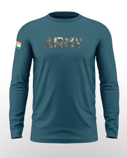 Teal blue men's full sleeve t-shirt with camo 'ARMY' print and Indian flag on sleeve