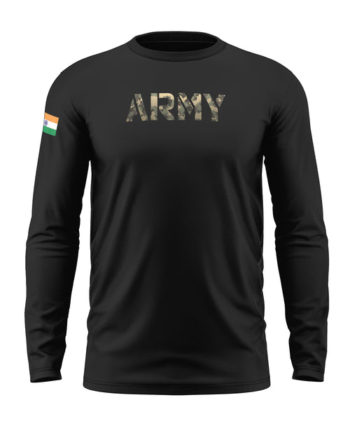 Black men's full sleeve t-shirt with ARMY camo print and Indian flag patch on sleeve