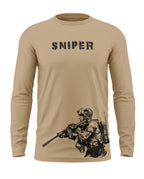 Beige full sleeve t-shirt with SNIPER text and black soldier graphic, men's military fashion