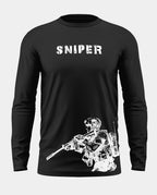 Black full sleeve t-shirt with 'SNIPER' text and white soldier graphic print, men's fashion