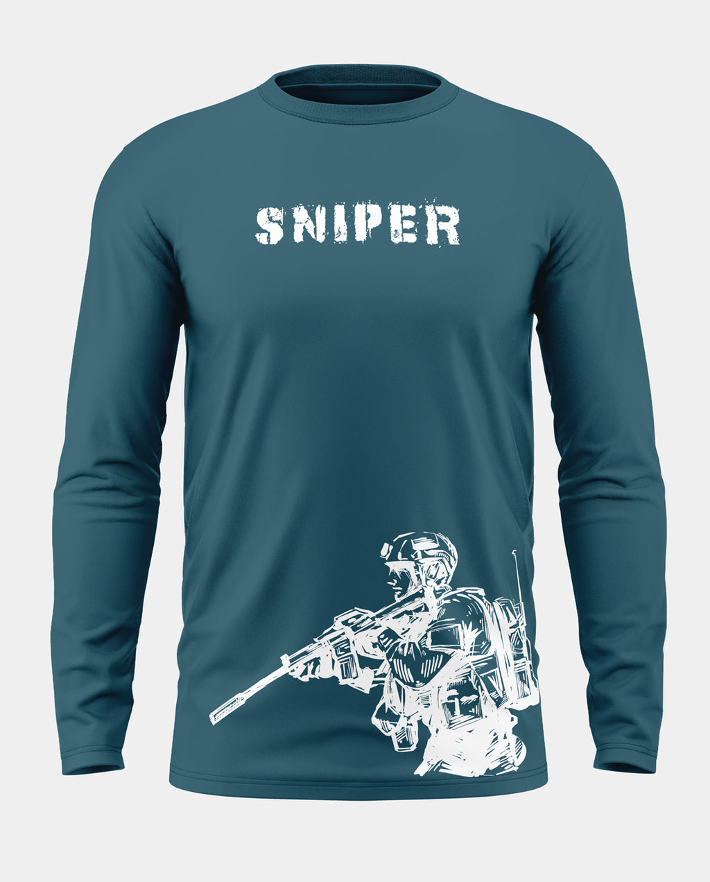 Blue men's full sleeve t-shirt with 'SNIPER' text and white soldier graphic print