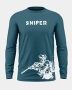 Blue men's full sleeve t-shirt with 'SNIPER' text and white soldier graphic print