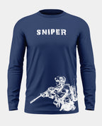 Navy blue full sleeve t-shirt with SNIPER text and soldier graphic print for men