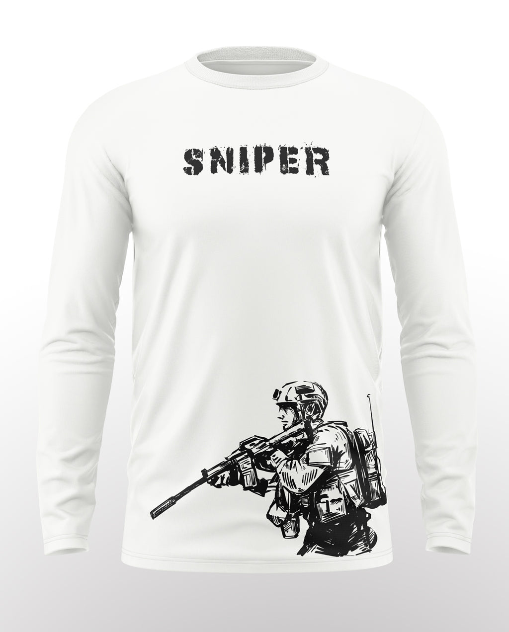 White full sleeve t-shirt with SNIPER text and military soldier graphic print