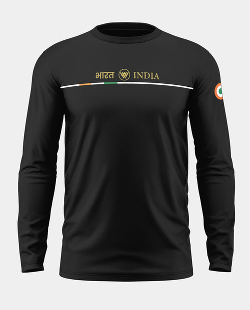 Black full sleeve men's t-shirt with 'Bharat India' text, tricolor detail and arm logo