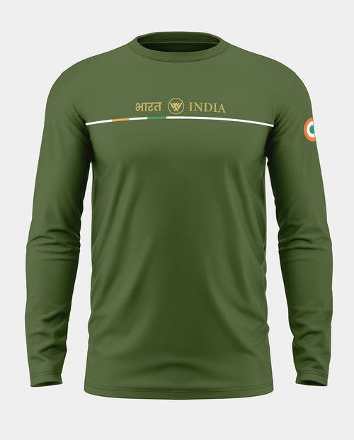 Army green men's full sleeve t-shirt with Bharat India text and tricolor detailing