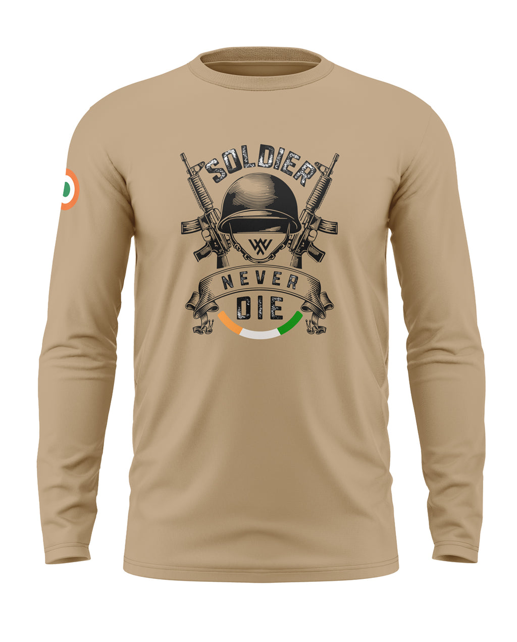 Beige men's long sleeve t-shirt with soldier helmet, rifles, and 'Soldier Never Die' print