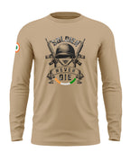 Beige men's long sleeve t-shirt with soldier helmet, rifles, and 'Soldier Never Die' print