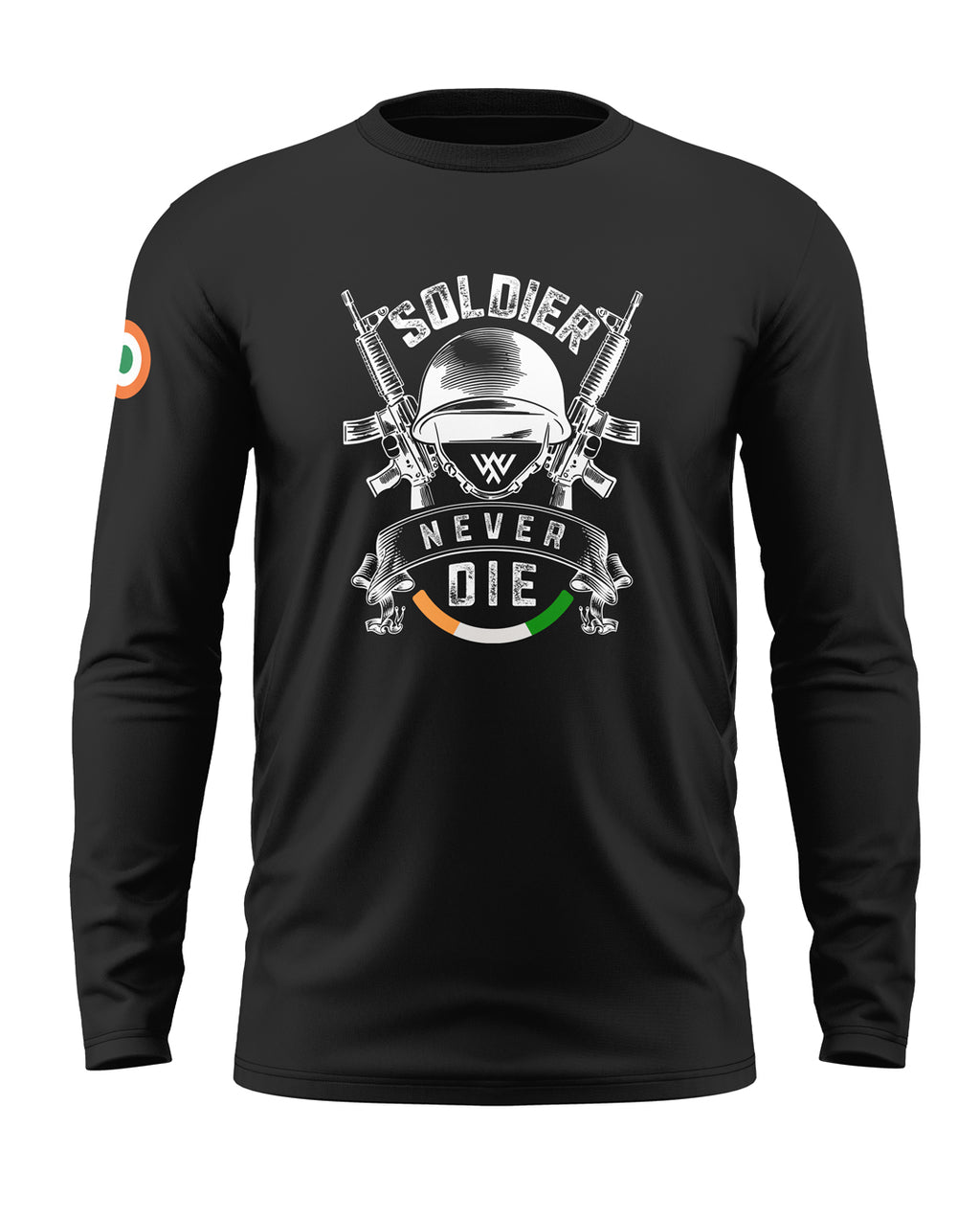 Black full sleeve t-shirt with 'Soldier Never Die' graphic, army helmet and rifles, Indian flag patch on sleeve.