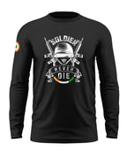 Black full sleeve t-shirt with 'Soldier Never Die' graphic, army helmet and rifles, Indian flag patch on sleeve.