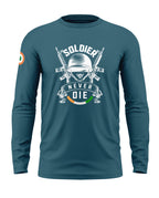 Blue full sleeve men's t-shirt with 'Soldier Never Die' army graphic and India flag sleeve patch