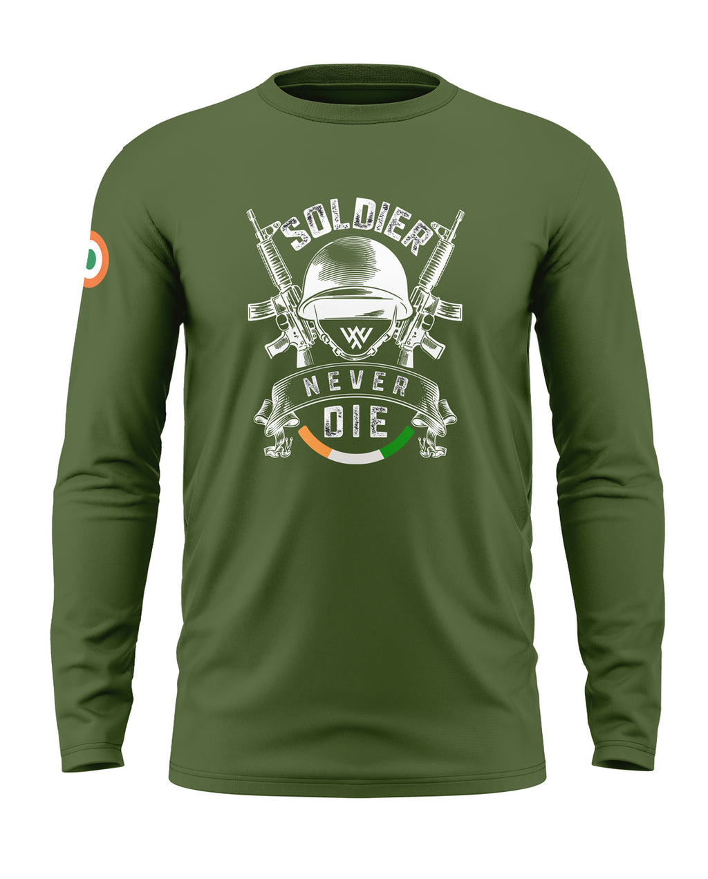Olive green full sleeve men's t-shirt with 'Soldier Never Die' army helmet and rifles graphic.
