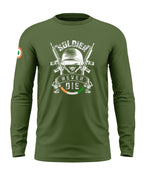 Olive green full sleeve men's t-shirt with 'Soldier Never Die' army helmet and rifles graphic.