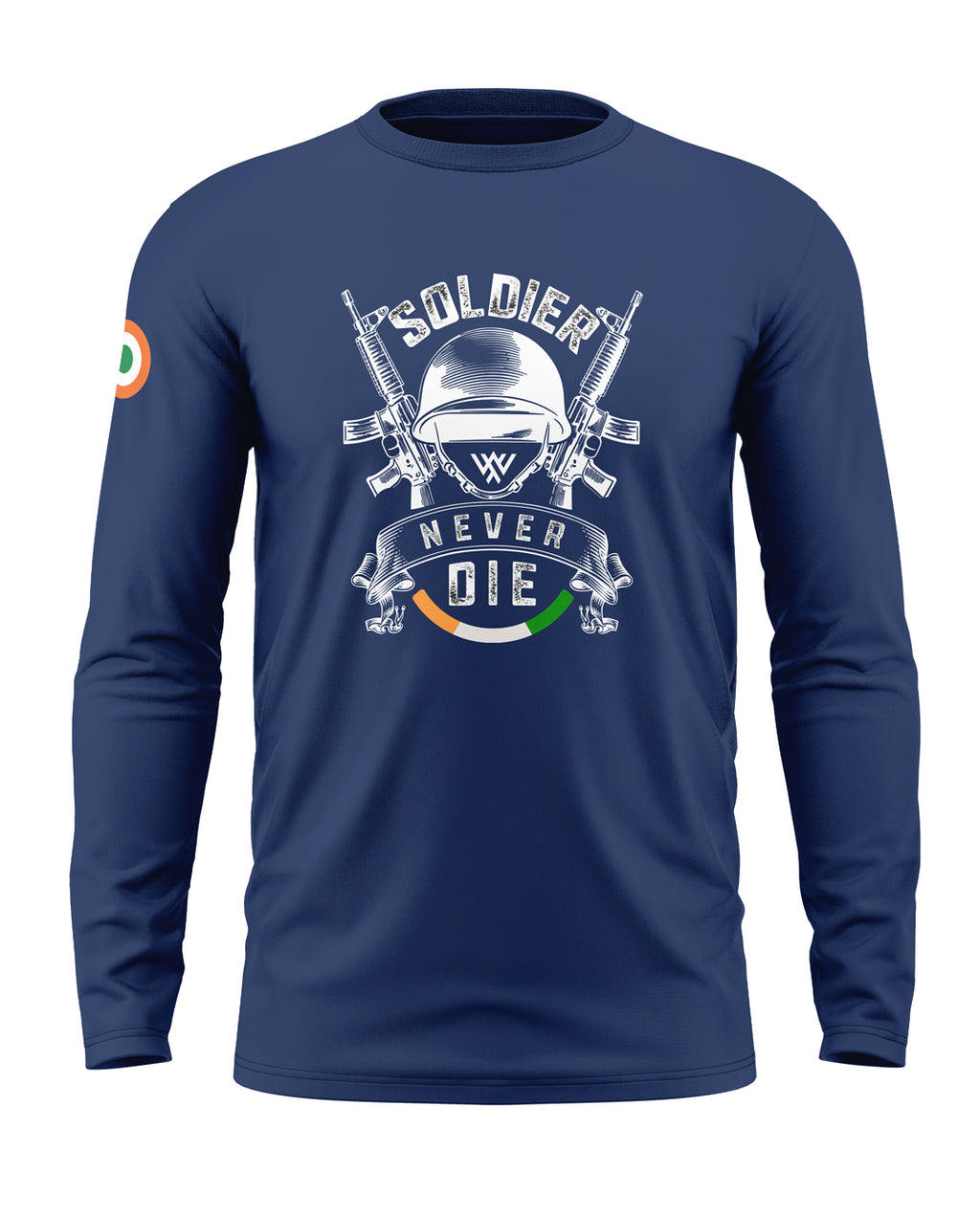 Navy blue full sleeve men's t-shirt with 'Soldier Never Die' army graphic and Indian flag sleeve patch