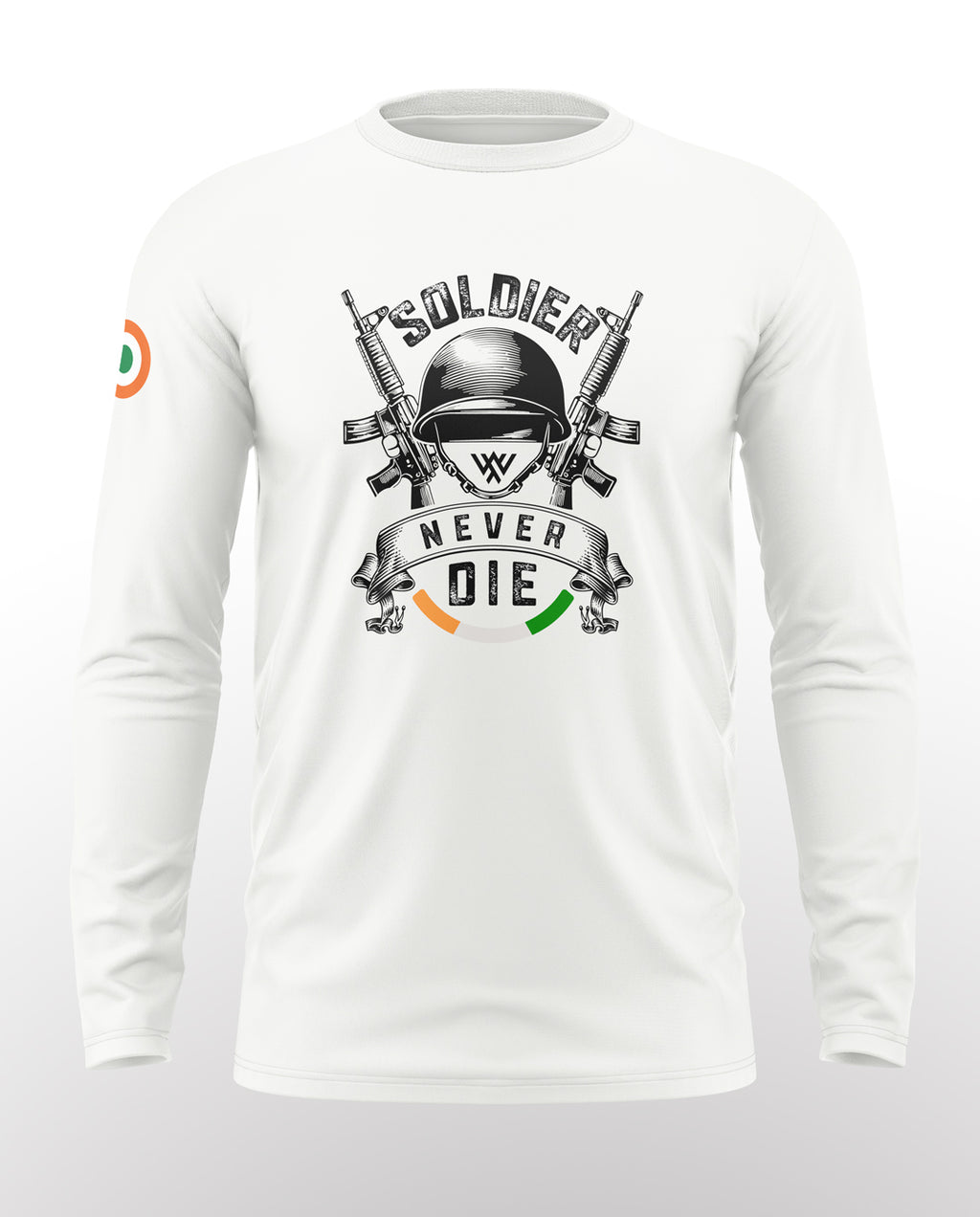 White full sleeve t-shirt with 'Soldier Never Die' graphic, helmet, rifles, Indian flag accent.