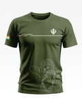 Olive green men's t-shirt featuring 'The Sikh Regiment' text, Khanda symbol, and Indian flag sleeve patch.