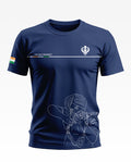 Navy blue t-shirt with Sikh Regiment text, Khanda symbol, Indian flag, and line art of a soldier aiming a rifle.
