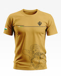 Yellow Sikh Regiment t-shirt with line art of turbaned soldier aiming rifle, Indian flag sleeve patch