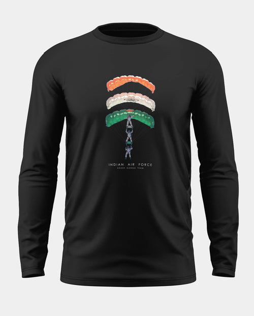 Black full sleeve t-shirt featuring parachute tri-color graphic and Indian Air Force print.