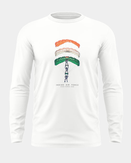 White full sleeve t-shirt with Indian Air Force Akash Ganga Team parachute graphic print.