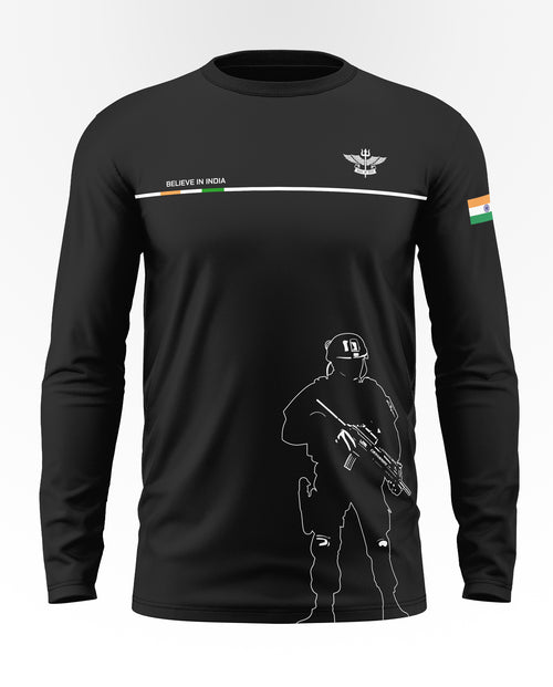 Black full sleeve t-shirt featuring Indian flag arm patch, commando graphic, and 'Believe in India' text.
