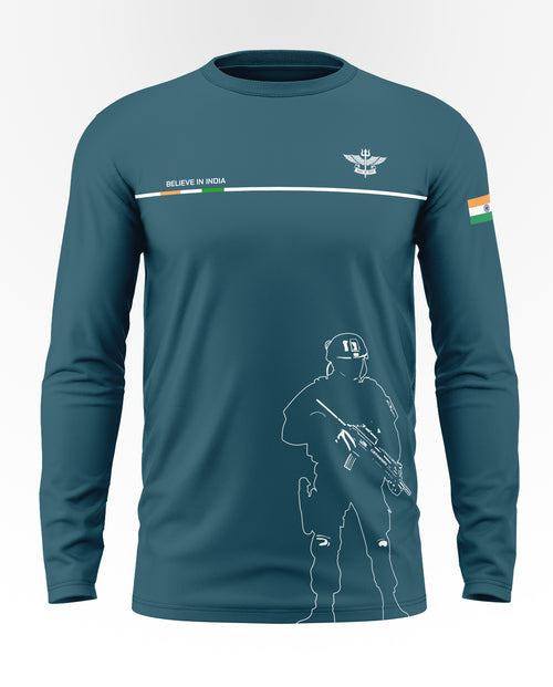 Teal blue men's full sleeve t-shirt with army soldier graphic and Indian flag patch