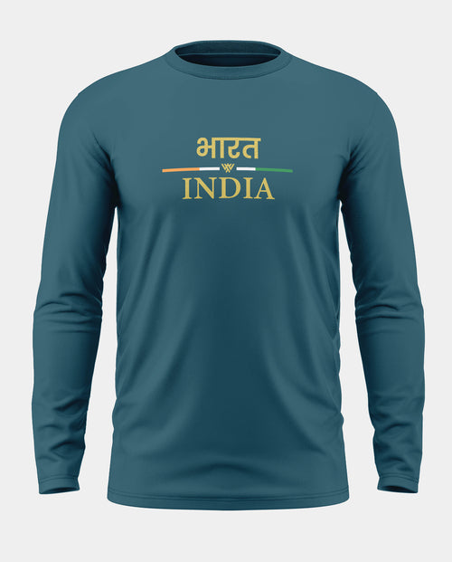 Blue men's full sleeve t-shirt with Bharat India text and tricolor design on chest