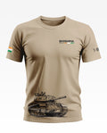 Beige men's t-shirt with T-90 tank graphic, India flag sleeve patch, Bhishma MK-2 chest print