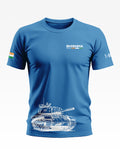 Blue men's t-shirt with Bhishma MK-2 and T-90 text, tank graphic, and Indian flag sleeve detail