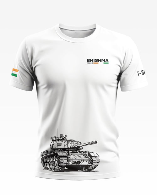 White men's t-shirt with tank graphic, Bhishma MK-2 text, Indian flag sleeve detail