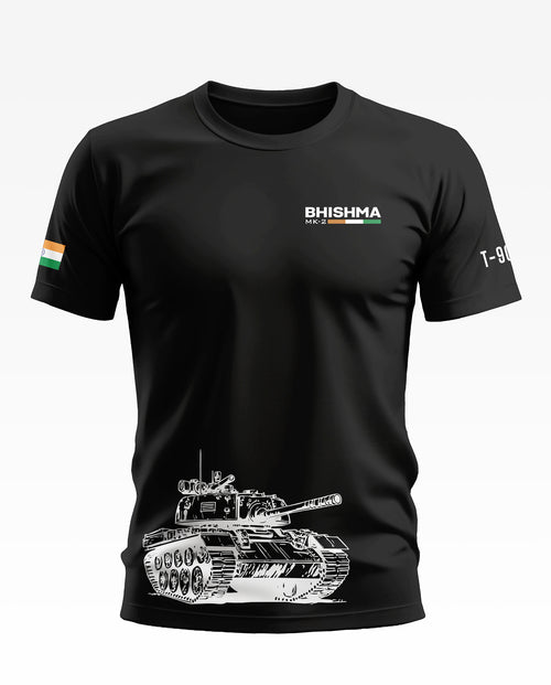 Black men's t-shirt with white T-90 tank graphic, Bhishma MK-2 text, and Indian flag patch