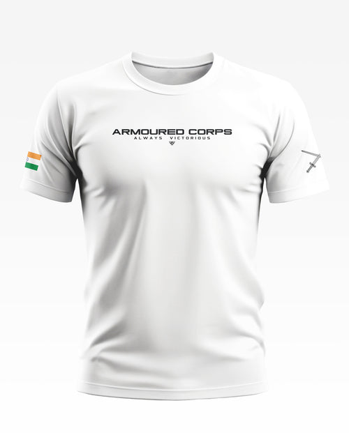 White men's t-shirt with 'Armoured Corps Always Victorious' text, Indian flag on sleeve.